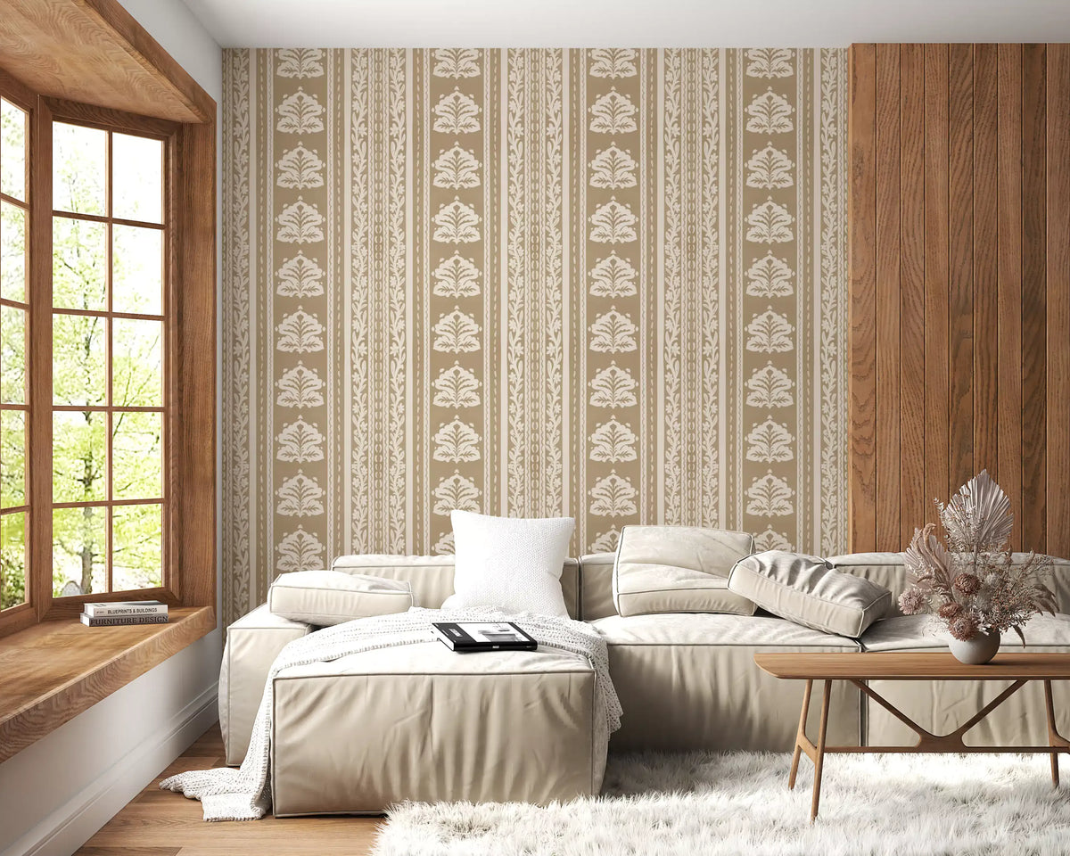 Cream and Taupe Botanical Stripe Wallpaper⁠