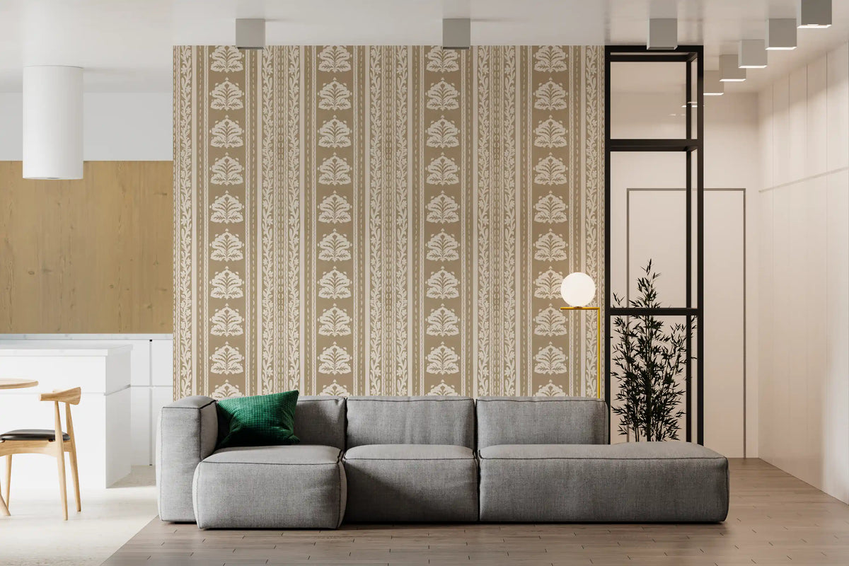 Cream and Taupe Botanical Stripe Wallpaper⁠