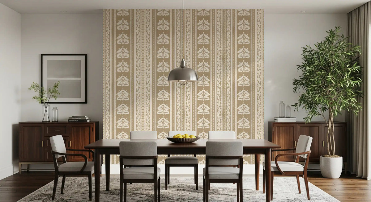 Cream and Taupe Botanical Stripe Wallpaper⁠