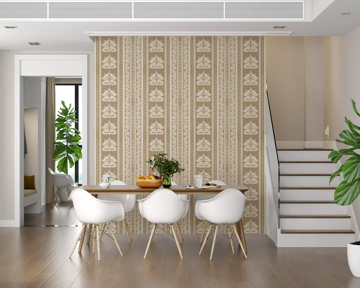 Cream and Taupe Botanical Stripe Wallpaper⁠