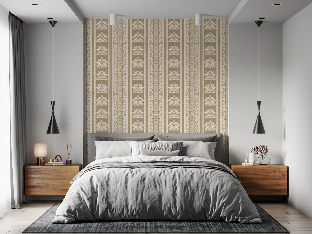 Cream and Taupe Botanical Stripe Wallpaper⁠