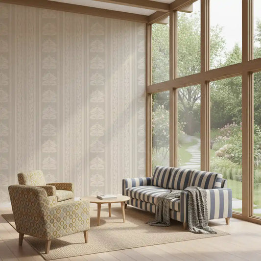 Neutraal botanisch kunstbehang met strepen⁠