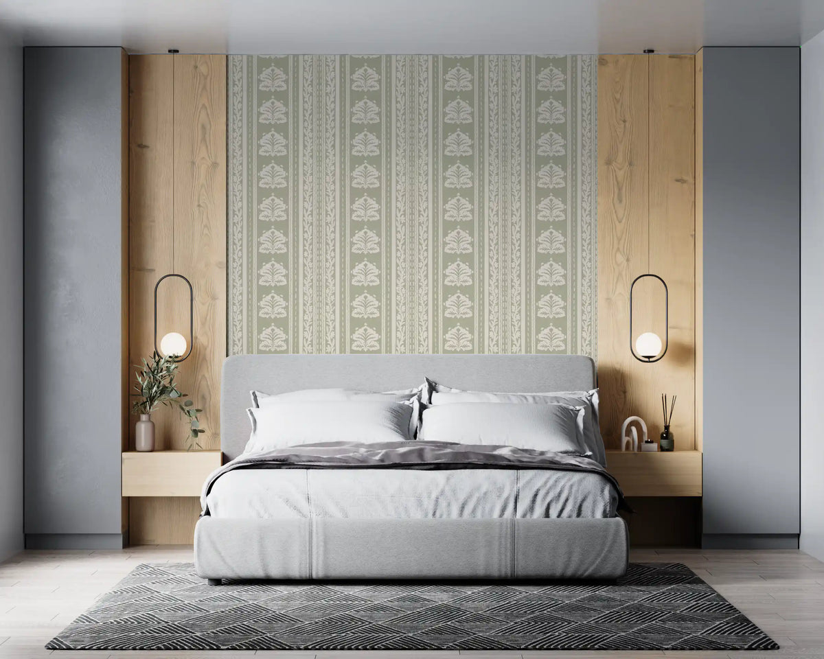 Papel de parede botânico às riscas em creme e verde-sálvia⁠
