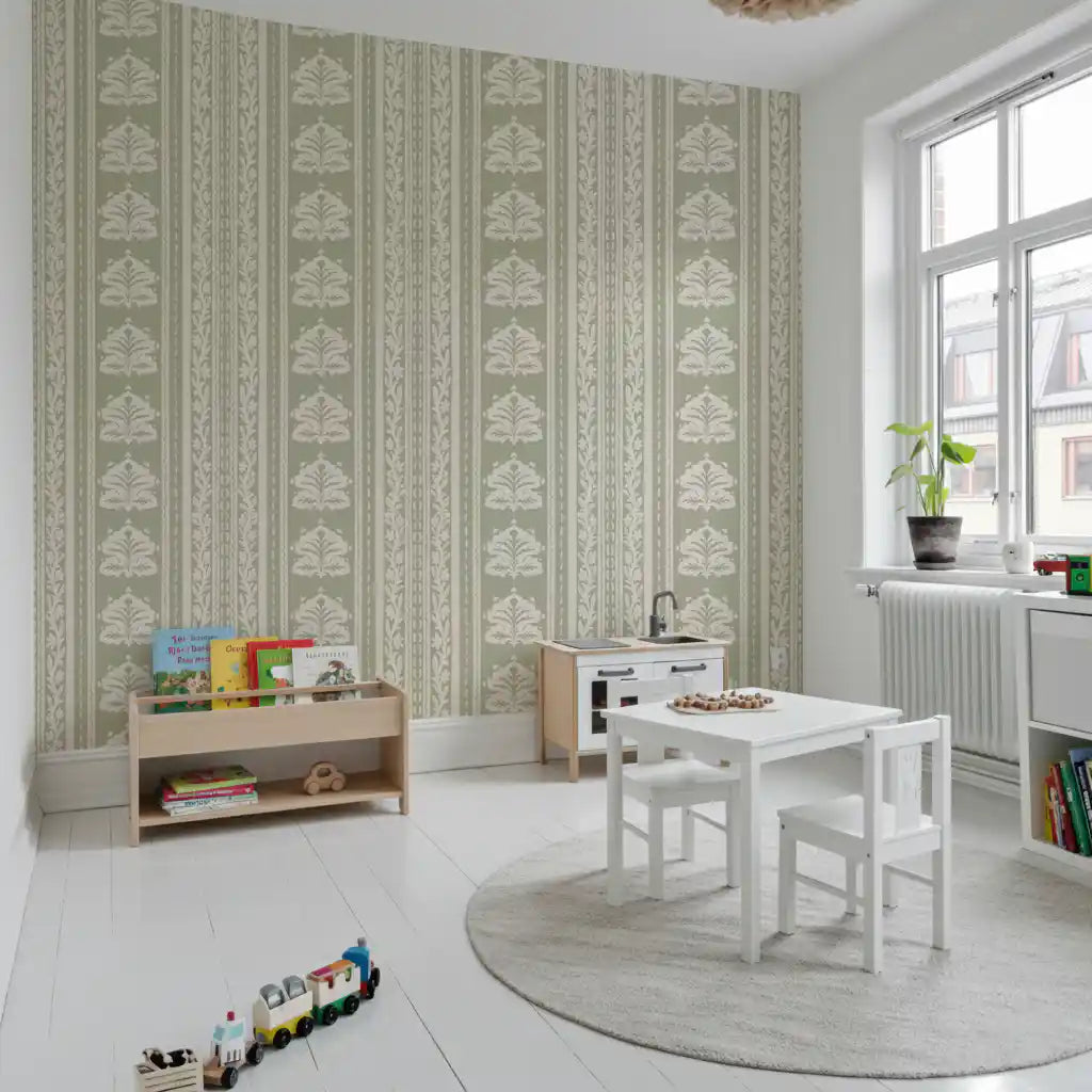 Papel de parede botânico às riscas em creme e verde-sálvia⁠