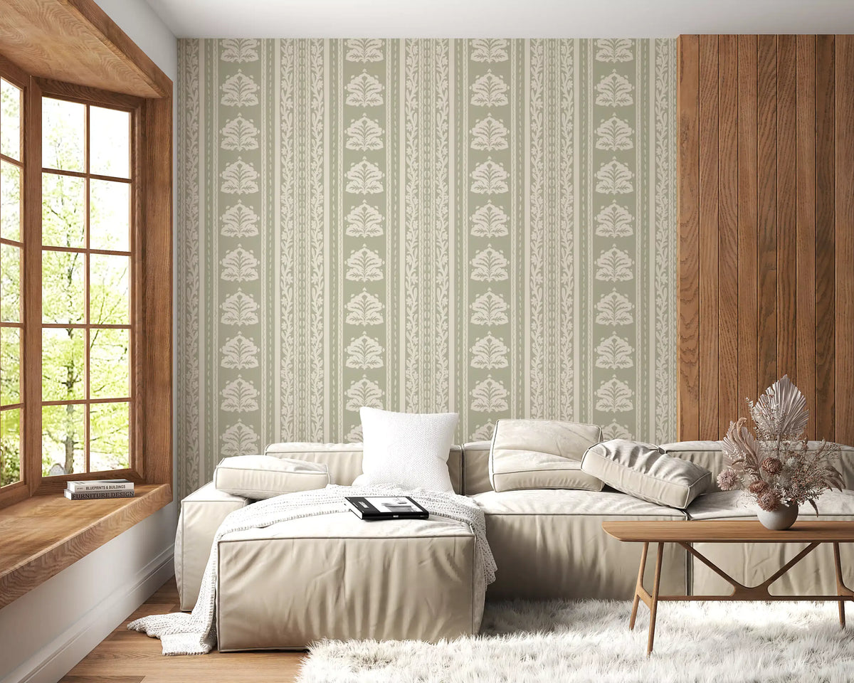 Papel de parede botânico às riscas em creme e verde-sálvia⁠