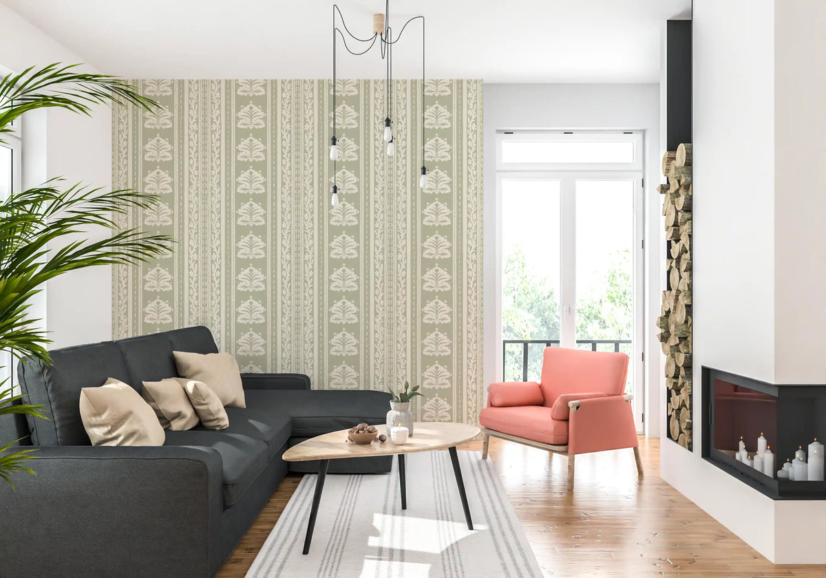 Papel de parede botânico às riscas em creme e verde-sálvia⁠