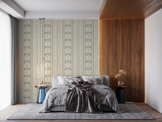 Cream and Sage Botanical Stripe Wallpaper⁠
