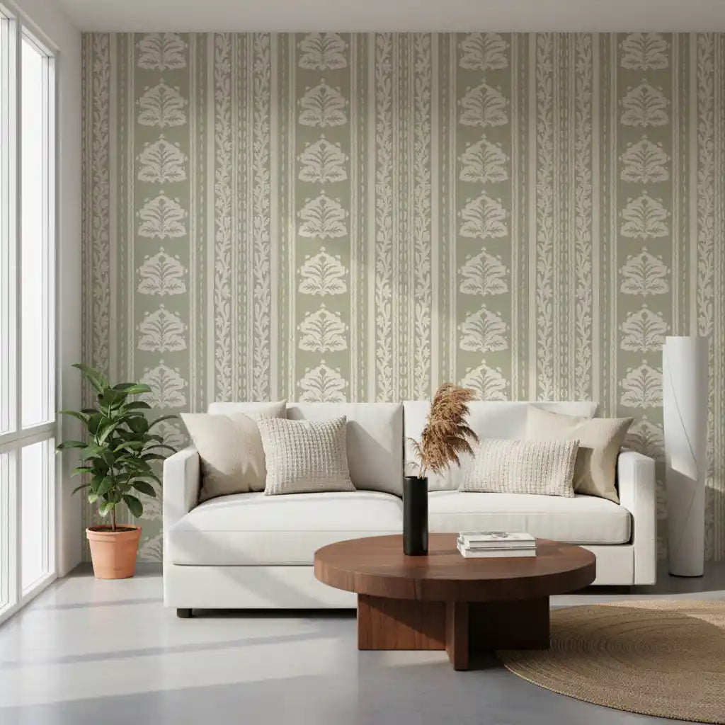 Papel de parede botânico às riscas em creme e verde-sálvia⁠