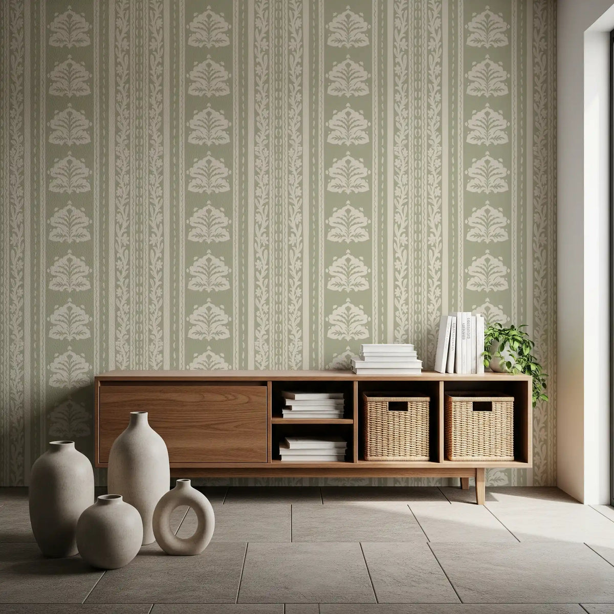 Papel de parede botânico às riscas em creme e verde-sálvia⁠