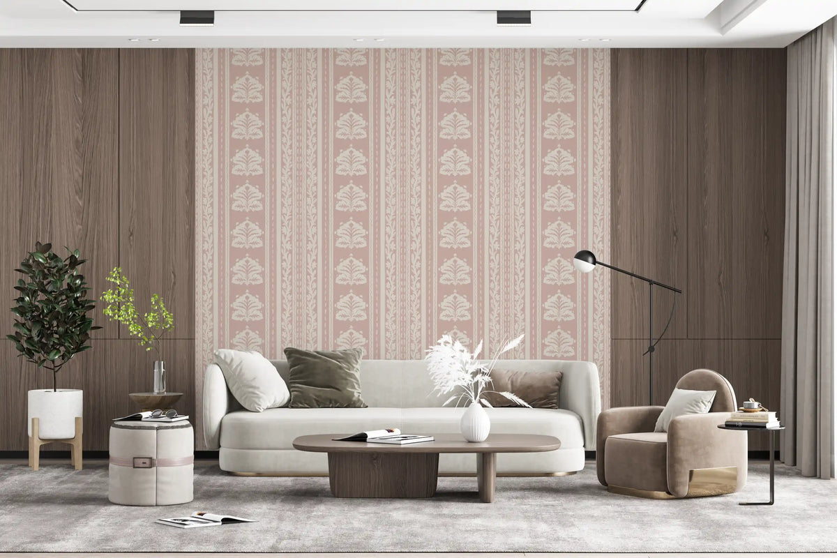 Pehmeän ruusun sävyinen pystysuuntainen kukkadamaskitapetti