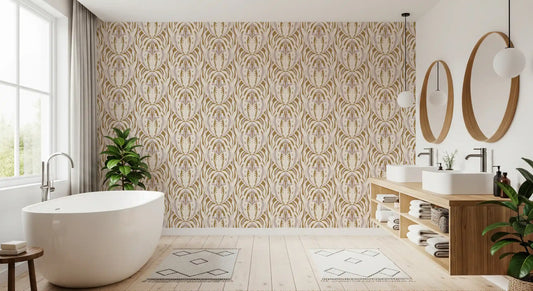 Symmetrical Ochre and Cream Foliage Wallpaper⁠
