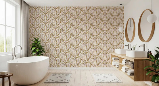 Symmetrical Ochre and Cream Foliage Wallpaper⁠