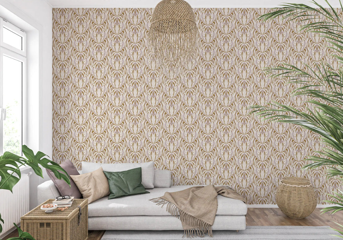 Symmetrical Ochre and Cream Foliage Wallpaper⁠