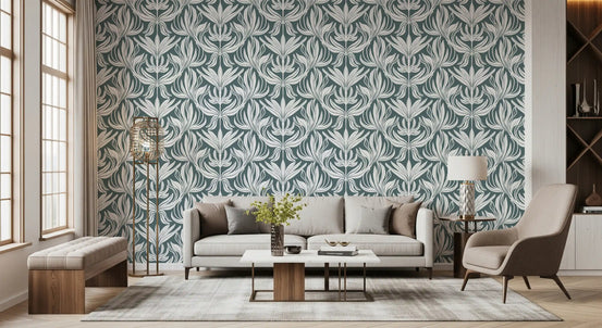 Papel de parede com motivo abstrato de folhagem azul-petróleo⁠