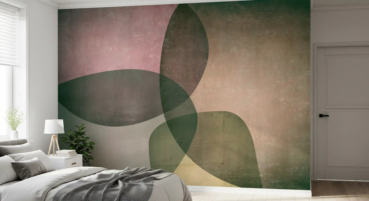 Mural de pared de formas orgánicas en tonos verdes