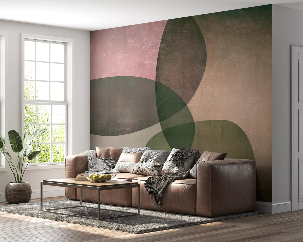 Mural de pared de formas orgánicas en tonos verdes