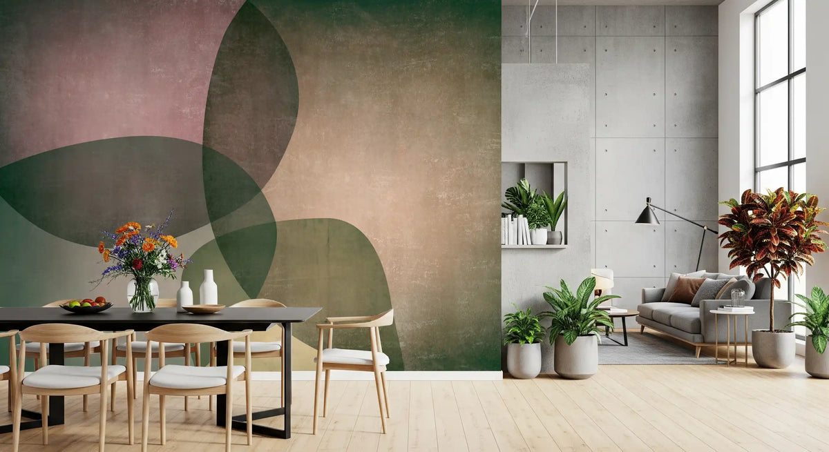 Mural de pared de formas orgánicas en tonos verdes