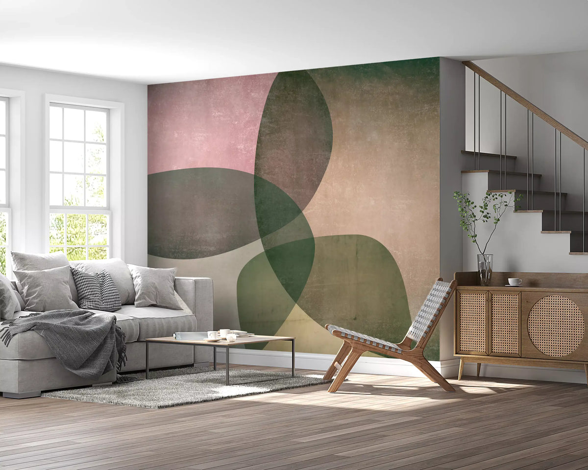 Mural de pared de formas orgánicas en tonos verdes