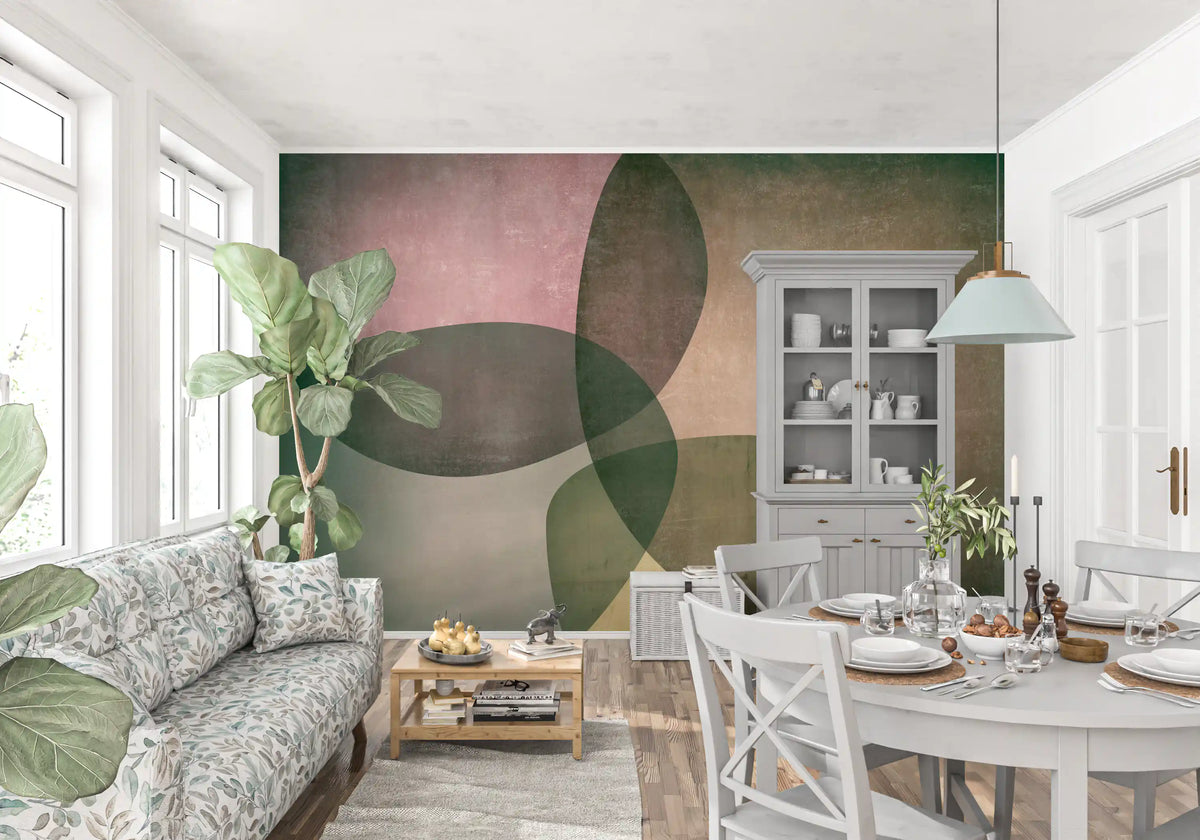 Mural de pared de formas orgánicas en tonos verdes