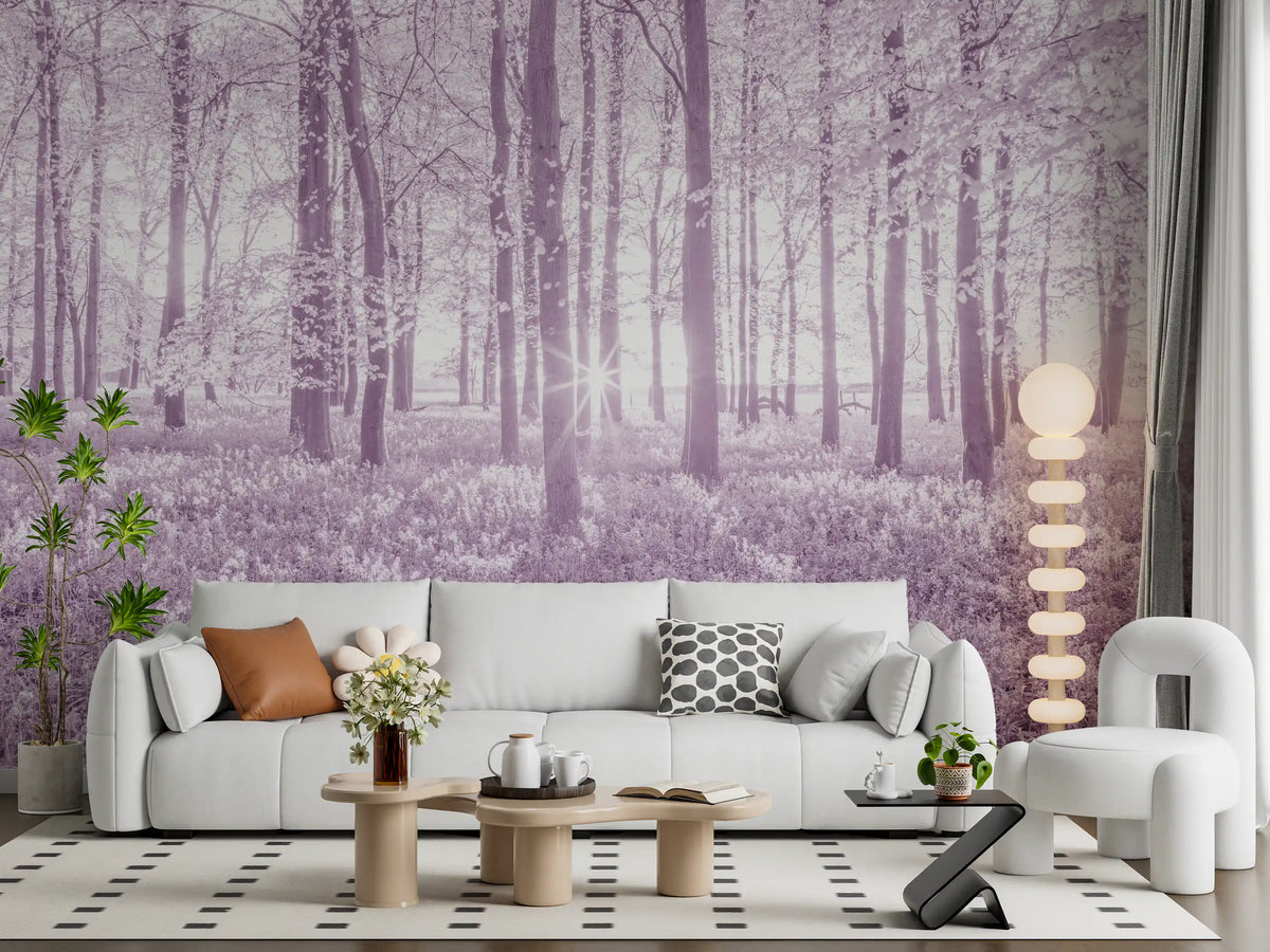 Wandbild mit sonnenbeschienenem Waldkronendach in Pastellflieder