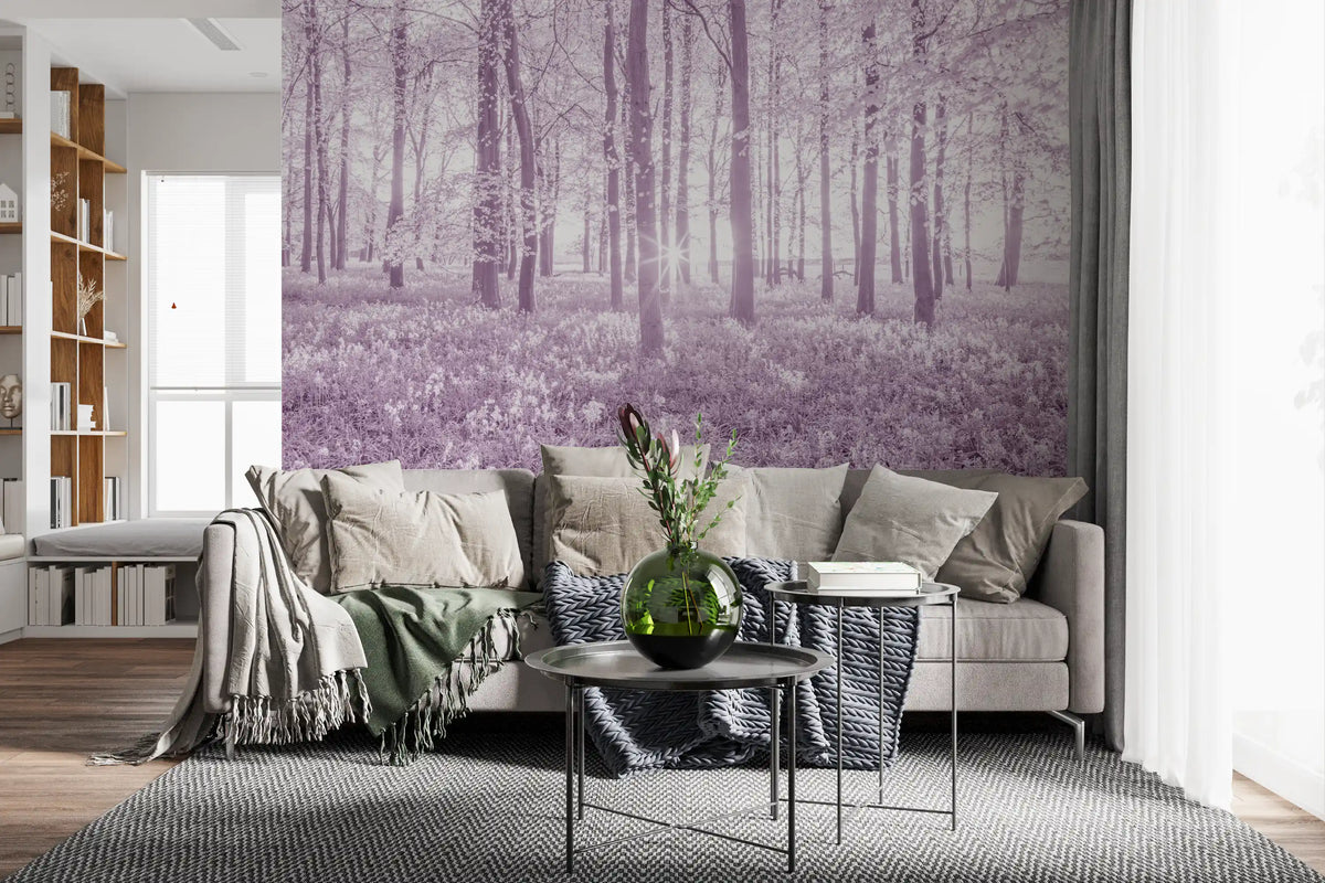 Wandbild mit sonnenbeschienenem Waldkronendach in Pastellflieder