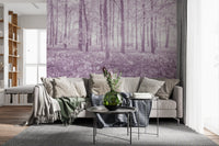Wandbild mit sonnenbeschienenem Waldkronendach in Pastellflieder