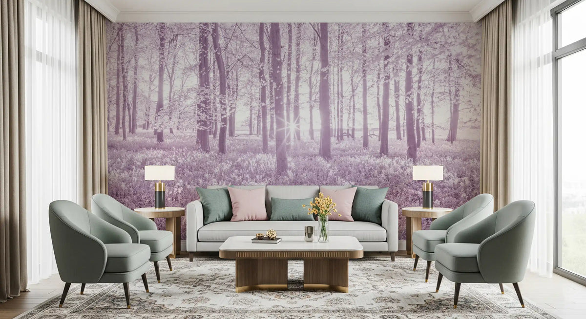 Wandbild mit sonnenbeschienenem Waldkronendach in Pastellflieder