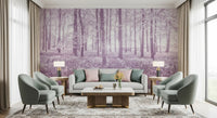 Wandbild mit sonnenbeschienenem Waldkronendach in Pastellflieder