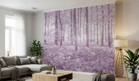 Wandbild mit sonnenbeschienenem Waldkronendach in Pastellflieder