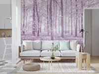 Wandbild mit sonnenbeschienenem Waldkronendach in Pastellflieder
