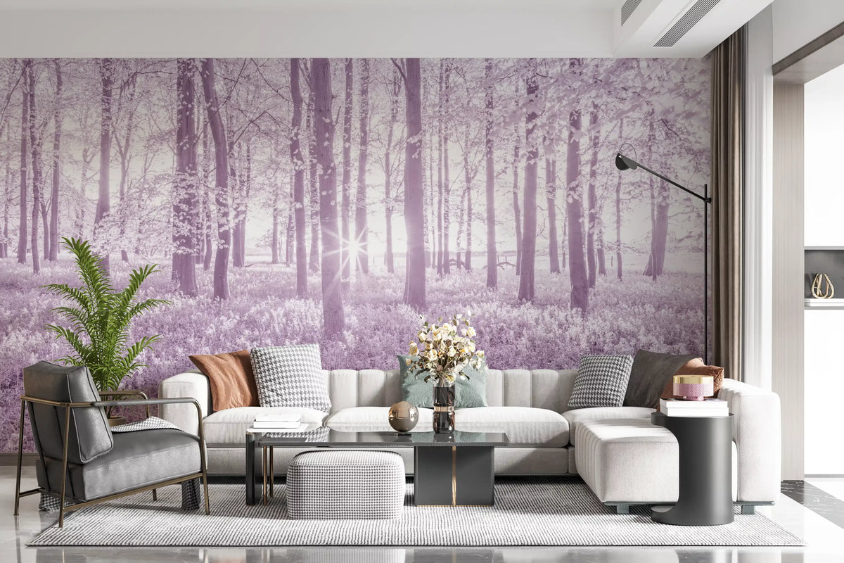 Wandbild mit sonnenbeschienenem Waldkronendach in Pastellflieder
