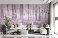 Wandbild mit sonnenbeschienenem Waldkronendach in Pastellflieder