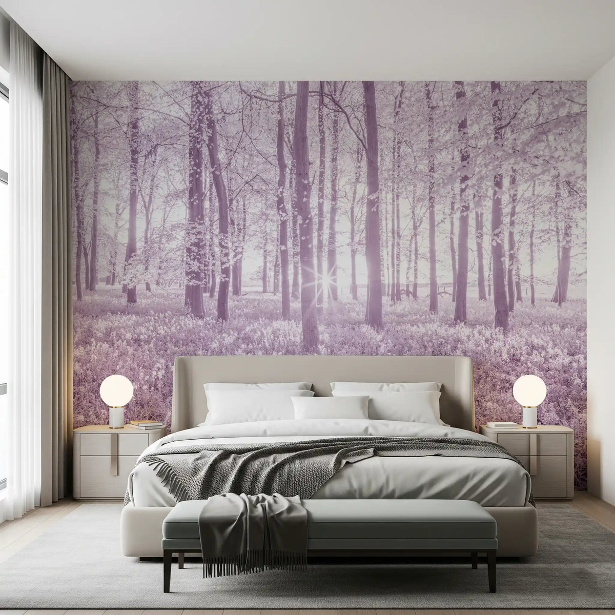 Wandbild mit sonnenbeschienenem Waldkronendach in Pastellflieder