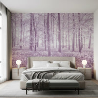 Wandbild mit sonnenbeschienenem Waldkronendach in Pastellflieder
