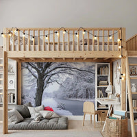 Wandbild mit zugefrorenem Kanal und winterlichem Wald