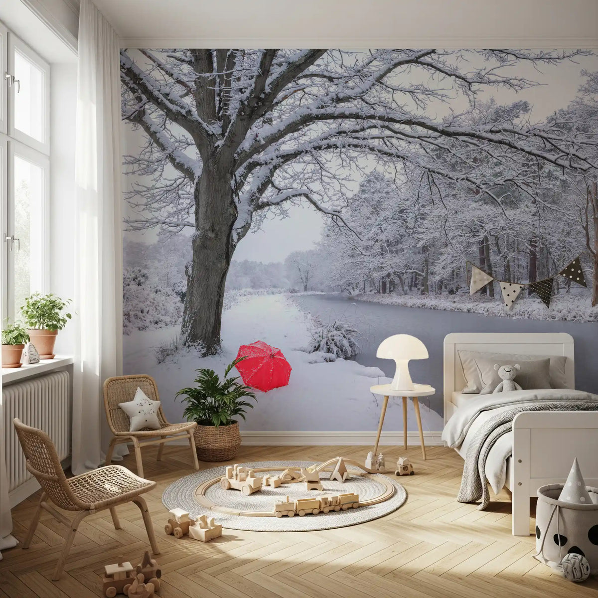 Wandbild mit zugefrorenem Kanal und winterlichem Wald