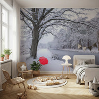 Wandbild mit zugefrorenem Kanal und winterlichem Wald