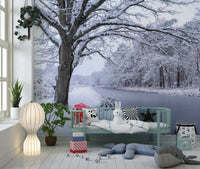 Wandbild mit zugefrorenem Kanal und winterlichem Wald