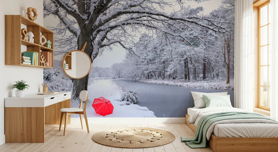 Wandbild mit zugefrorenem Kanal und winterlichem Wald