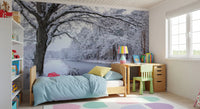 Wandbild mit zugefrorenem Kanal und winterlichem Wald