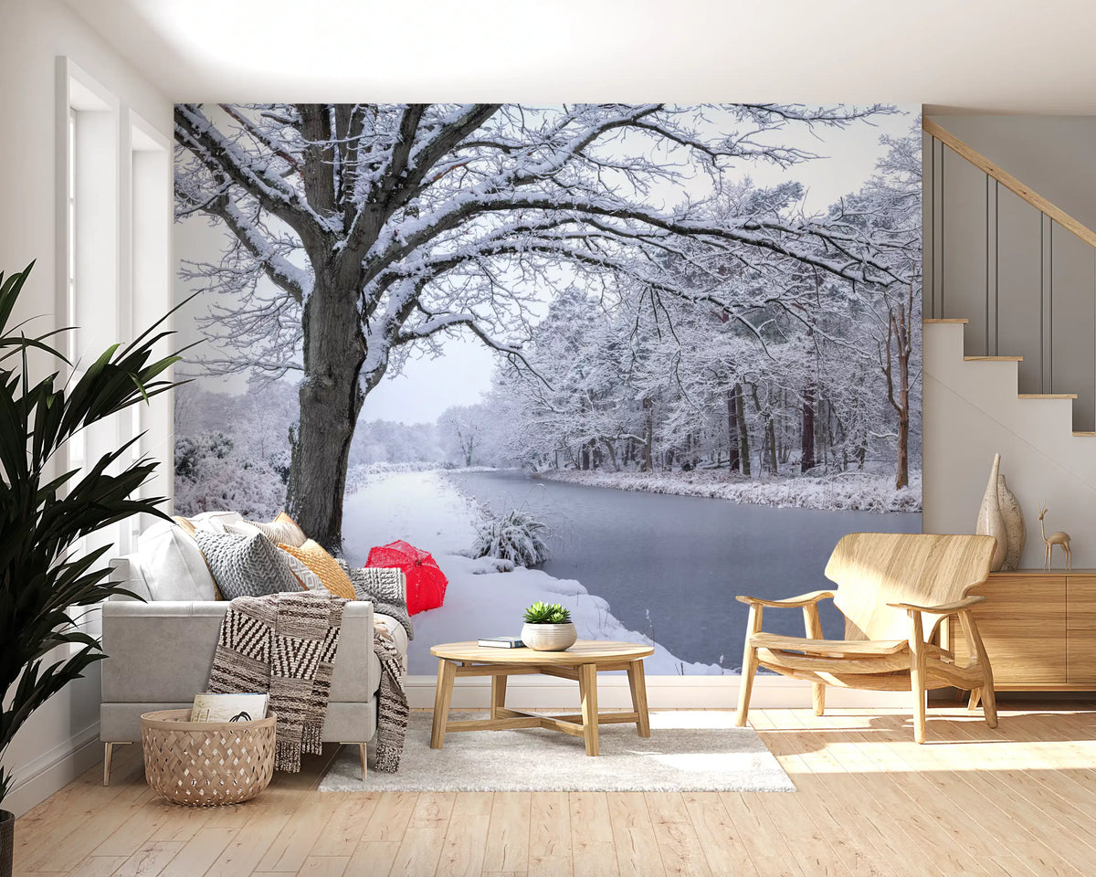 Wandbild mit zugefrorenem Kanal und winterlichem Wald