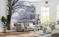 Wandbild mit zugefrorenem Kanal und winterlichem Wald