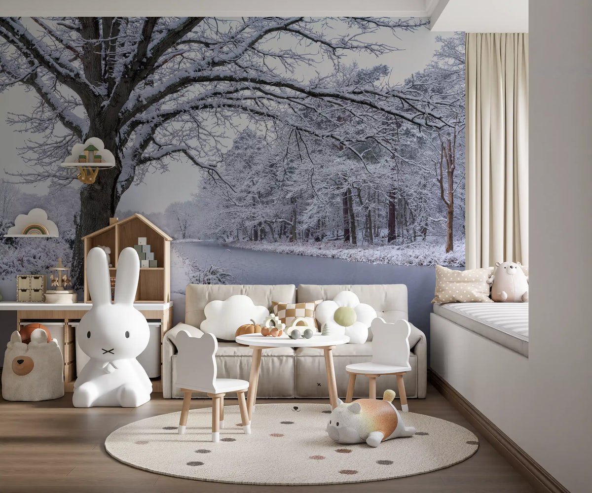 Wandbild mit zugefrorenem Kanal und winterlichem Wald