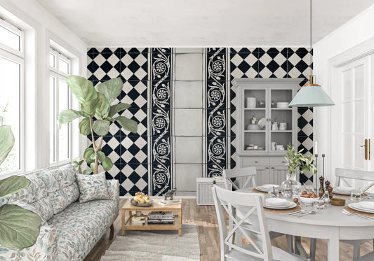Vintage Black and White Floral Checkerboard Wall Mural