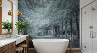 Serene wandmuurschildering van een pad onder een bosluifel