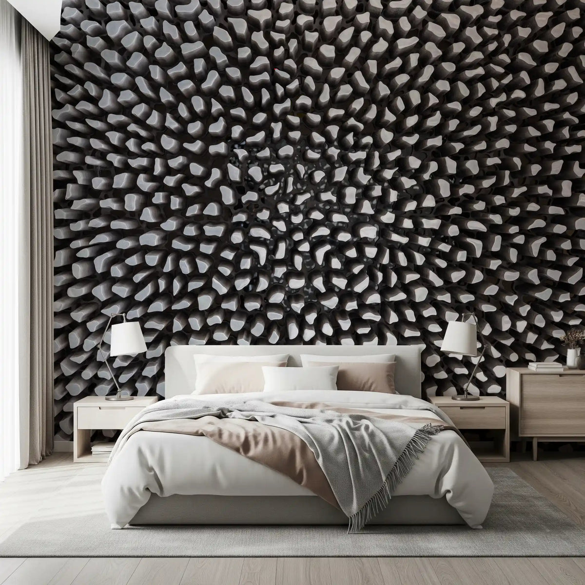 Papier peint panoramique à motif sculptural gris en relief