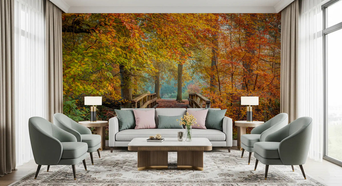 Mural panoramique mural « Passerelle sur un pont dans une forêt brumeuse »