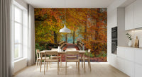 Mural panoramique mural « Passerelle sur un pont dans une forêt brumeuse »