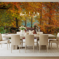Mural panoramique mural « Passerelle sur un pont dans une forêt brumeuse »