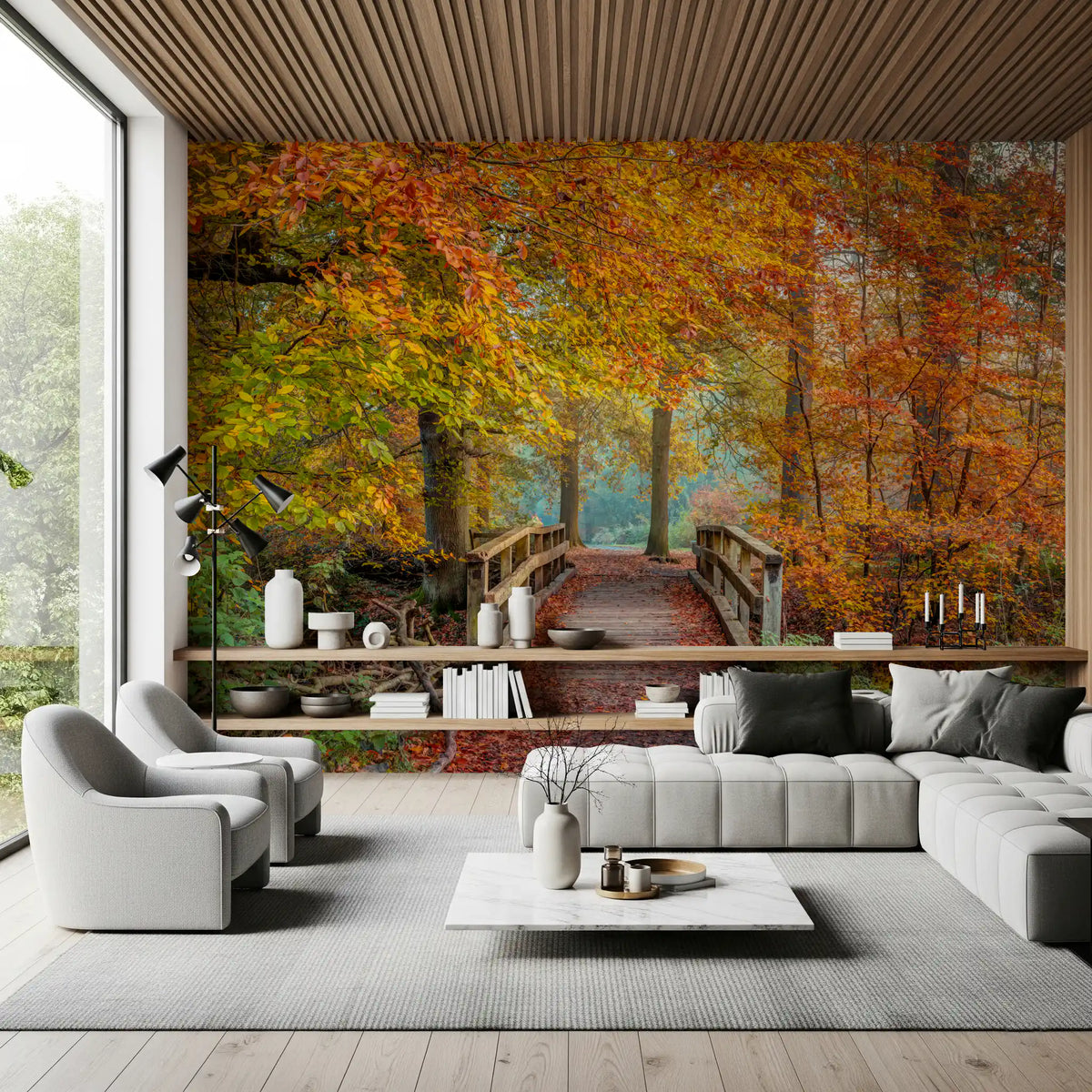 Mural panoramique mural « Passerelle sur un pont dans une forêt brumeuse »